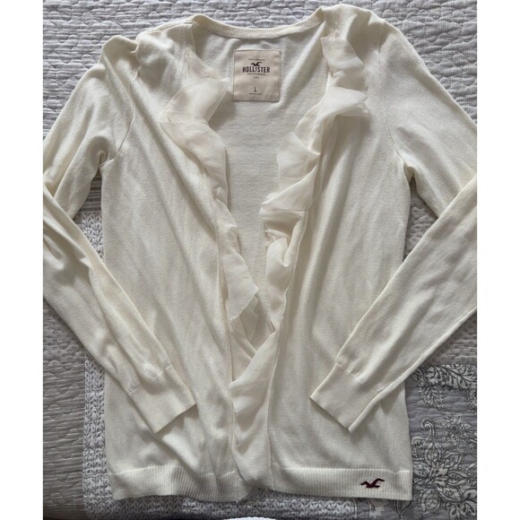 Vintage Hollister  Lg Y2K Cream Knit Cardigan Ruffle Edging Cotton Cottage Core - Picture 1 of 16